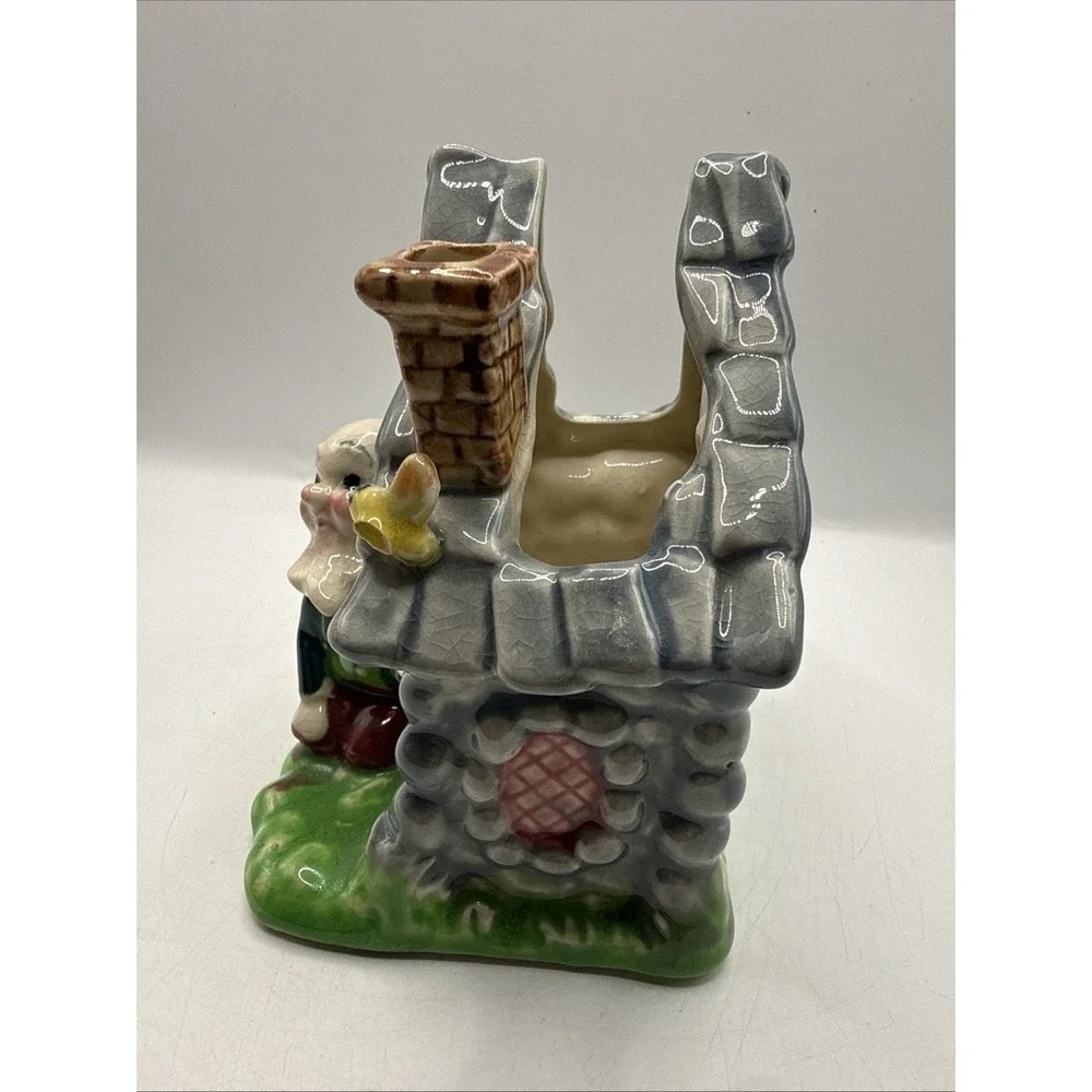 Vintage Japan Ceramic Blacksmith Gnome Log Cabin Pocket Planter Novelty Vase Vtg
